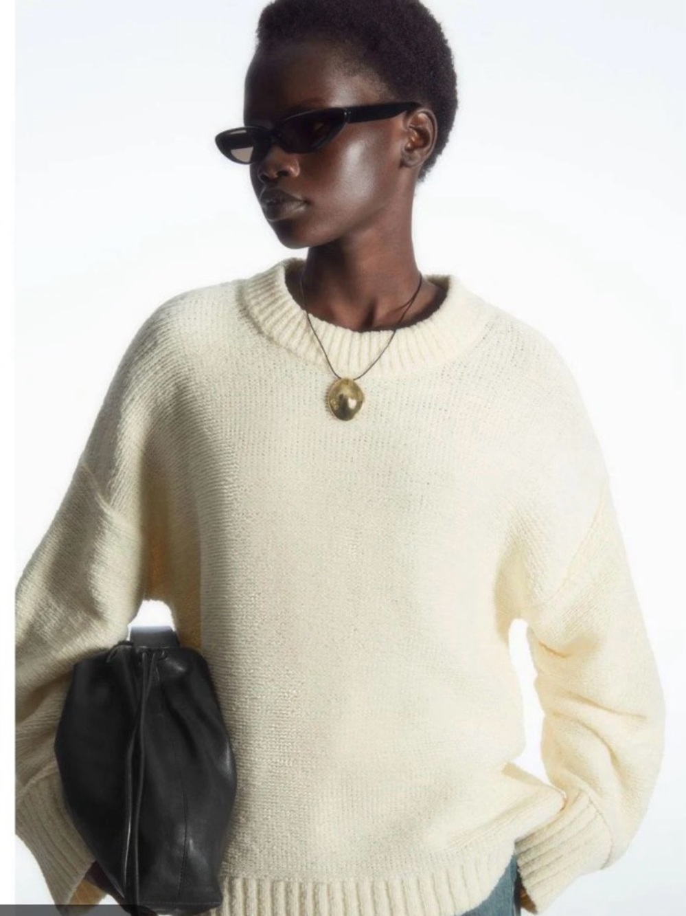 COS Off-White/Cream Gathered Sleeve Crewneck Oversized Small Jumper Knit Sweater